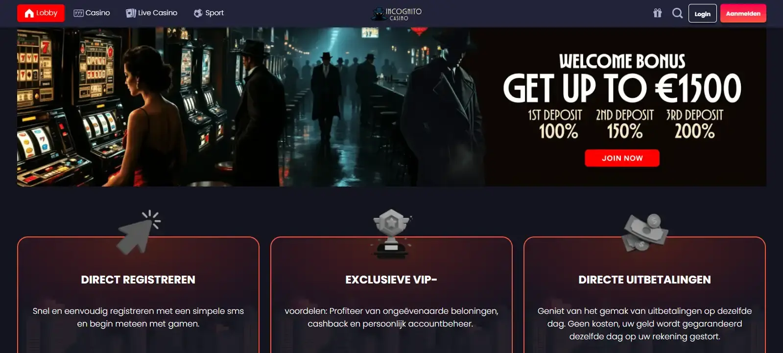 Homepage van Incognito Casino met de belangrijkste navigatie en merkuitstraling