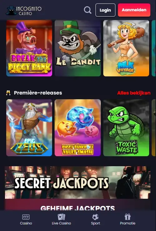 Incognito Casino geopend op een smartphone met het spelaanbod in beeld