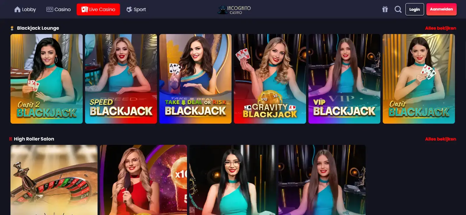 Livecasino-lobby van Incognito Casino met verschillende live tafels en spelcategorieën