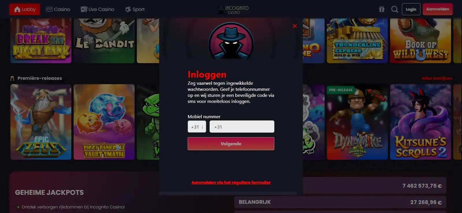 Registratiescherm van Incognito Casino voor het aanmaken van een nieuw account