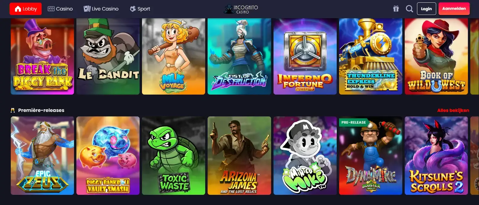Spellenlobby van Incognito Casino met categorieën voor slots en live casino